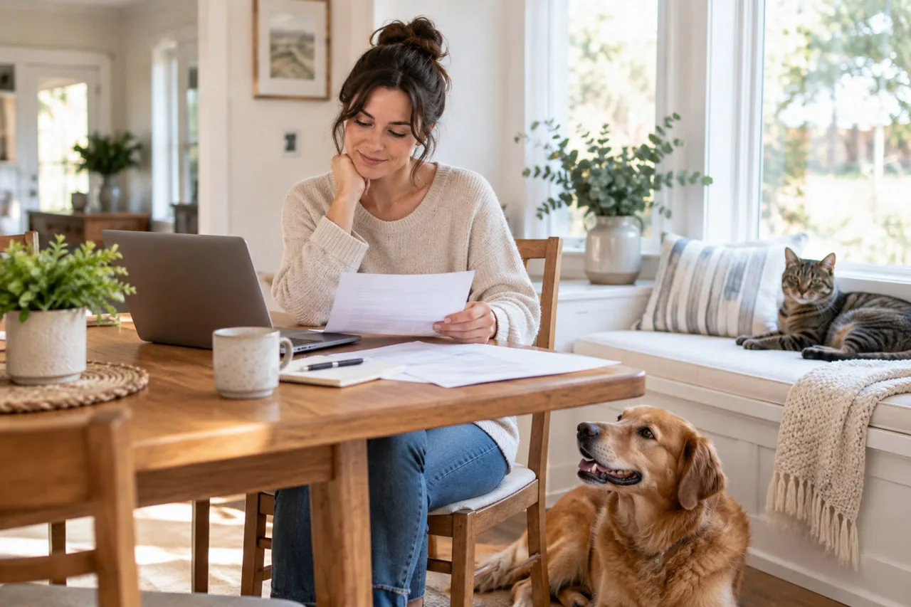 Owner at a laptop with a dog and cat nearby