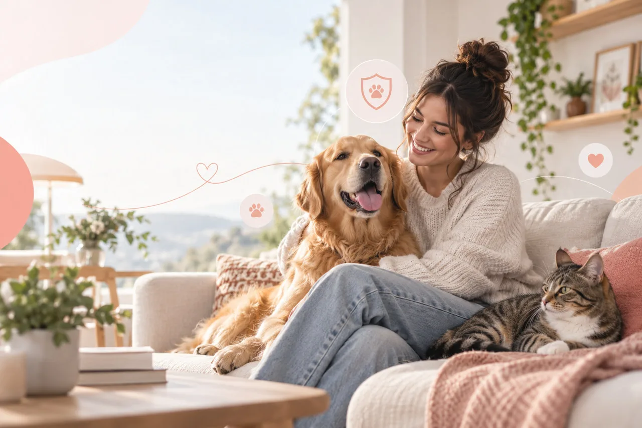 Owner relaxing with a dog and cat in an illustrative home scene